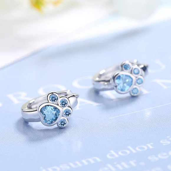 NEW Silver Blue Cute Cat Paw Hoop Earrings - Picture 5 of 7